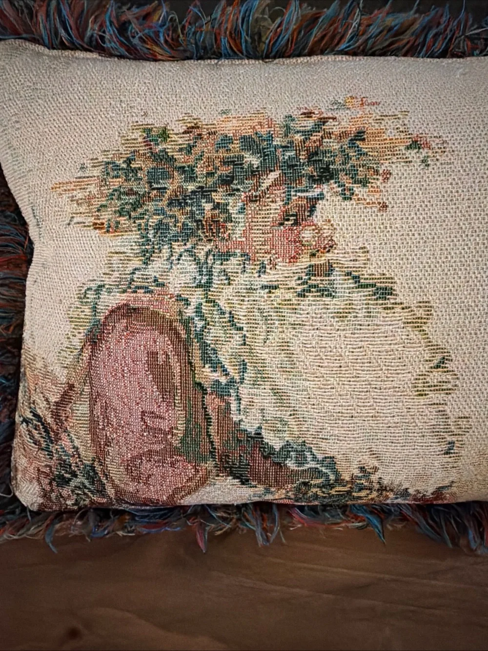 Vintage HALLMARK Santa Birdhouse Woven Tapestry Fringe Throw Pillow Christmas